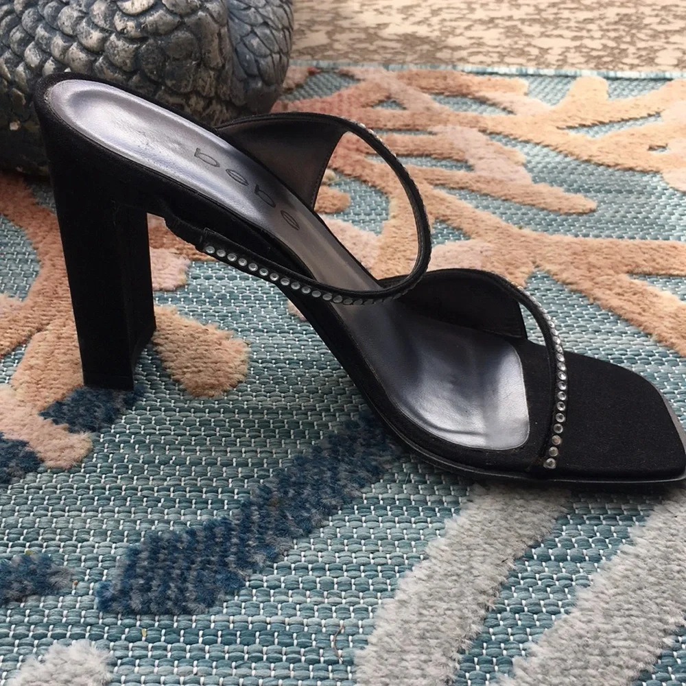 Bebe Evening Heels Jeanette Estella Black Clear Rhinestone size 6 Y2K Square Toe